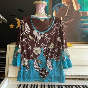 Graphic Floral Brown and Blue 3/4 Sleeve Blouse L